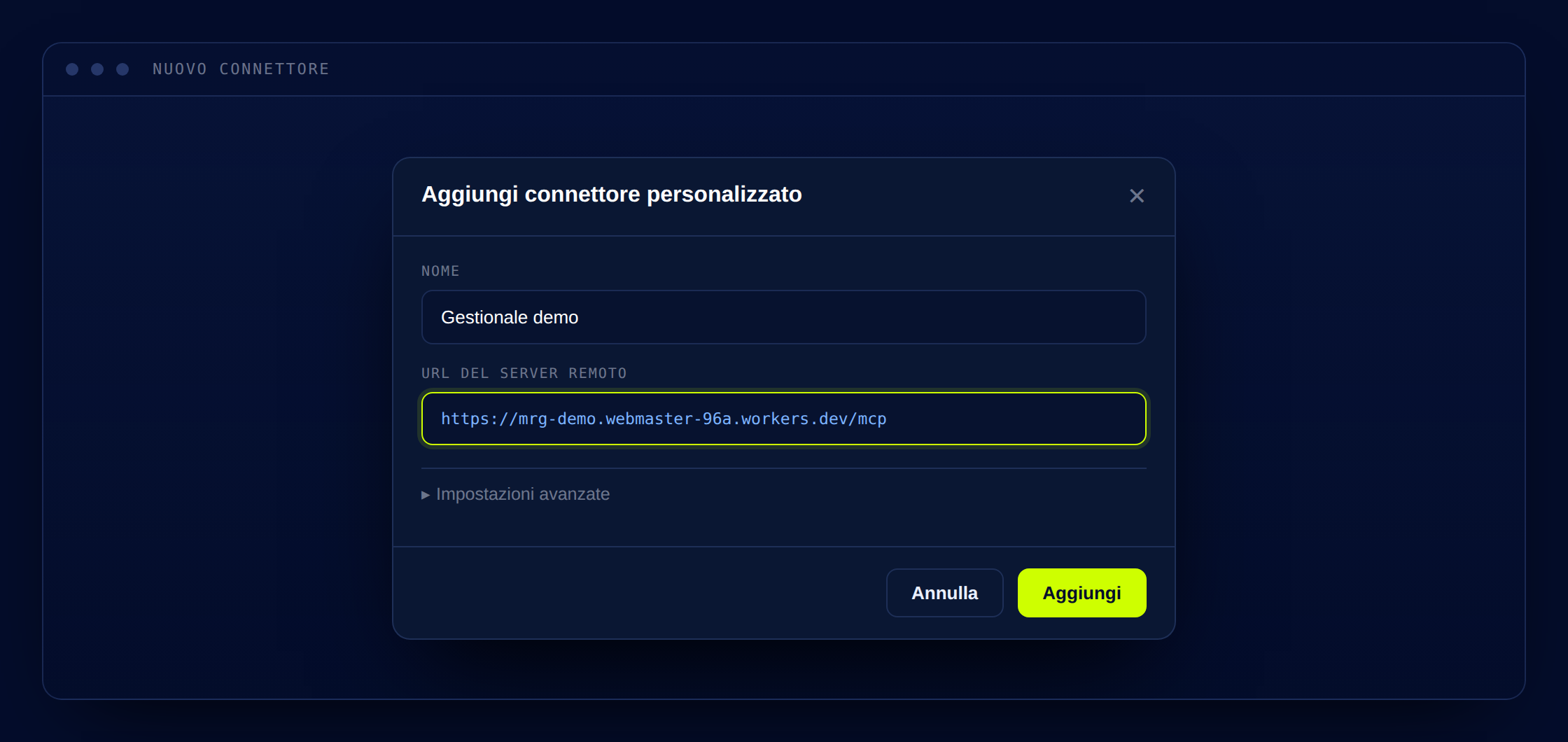 Finestra di creazione del connettore con nome e URL della demo compilati