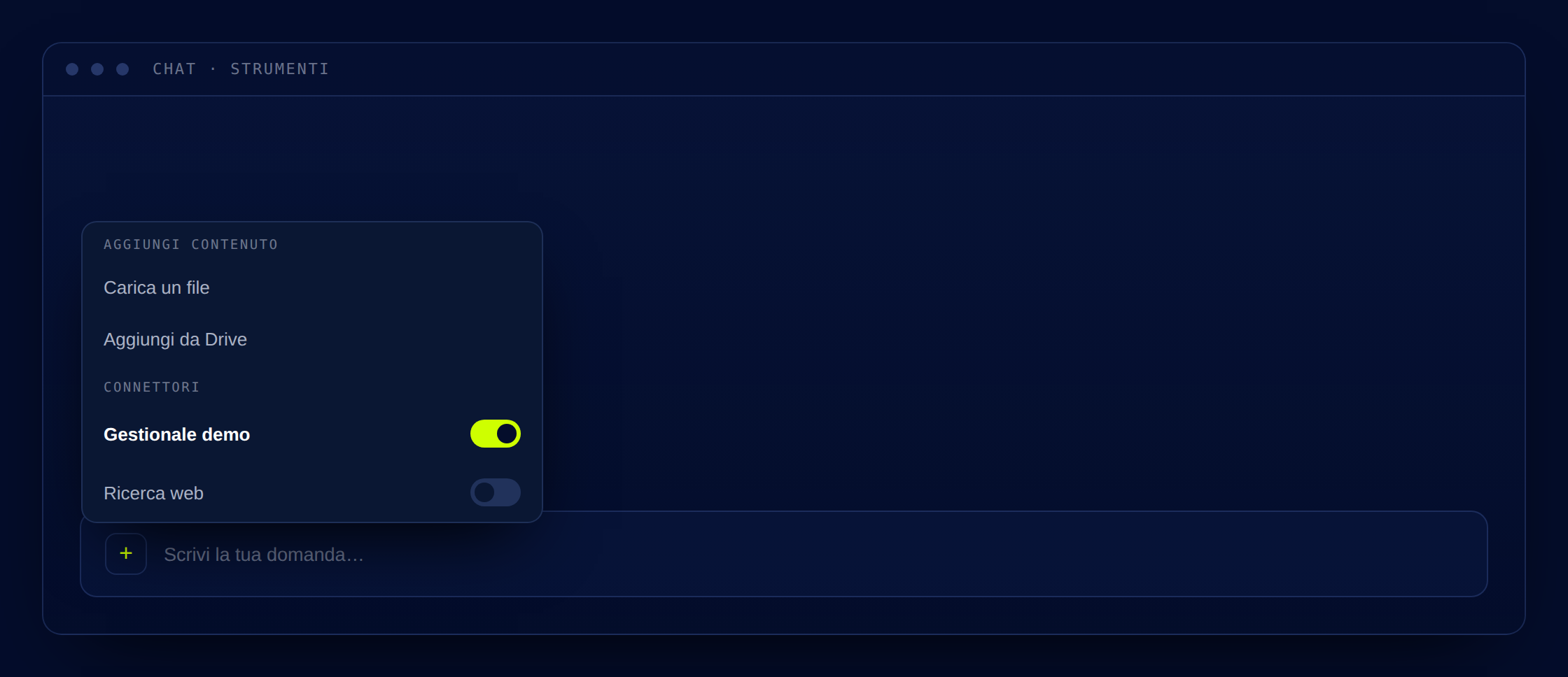Menu degli strumenti in chat con l’interruttore del connettore acceso
